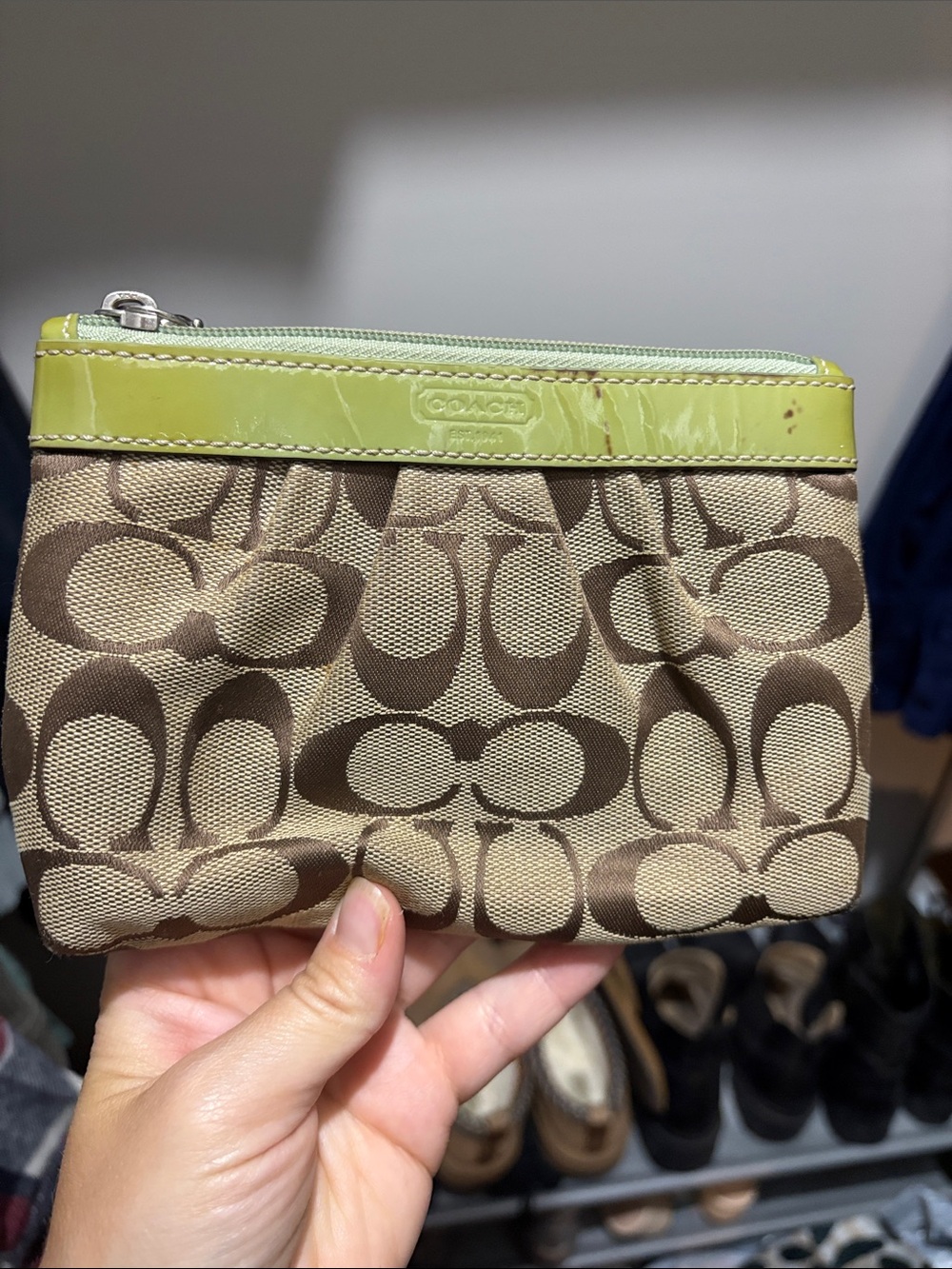 Coach Brown Signature Canvas Wristlet with Lime Trim